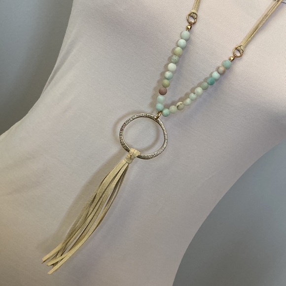 Long Faux Suede, Bead & Tassel Necklace - Picture 9 of 9